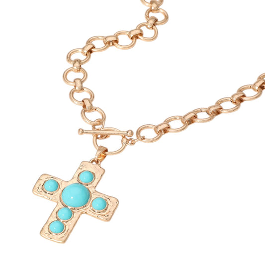 Turquoise Stone Cross Pendant Chain Necklace