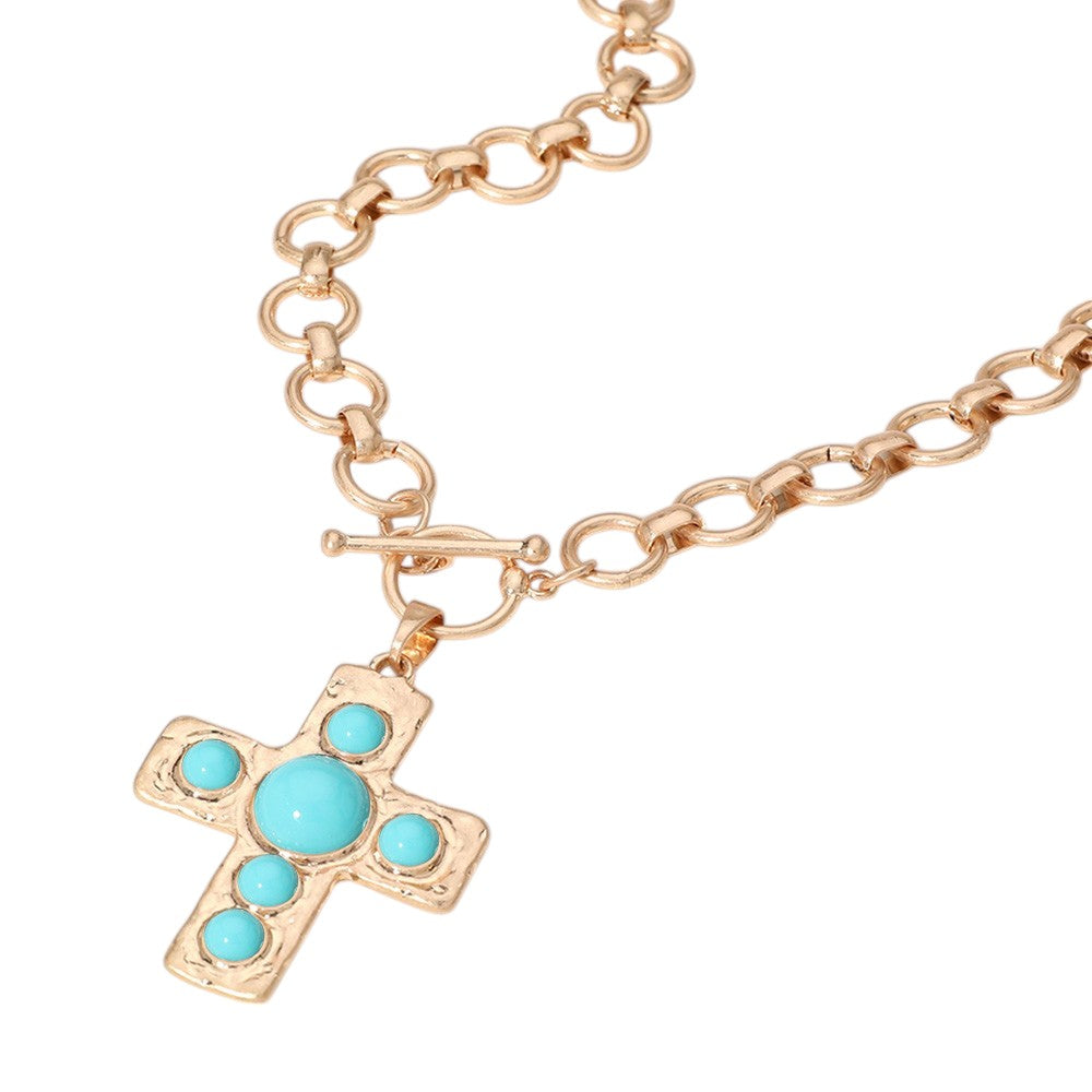 Turquoise Stone Cross Pendant Chain Necklace