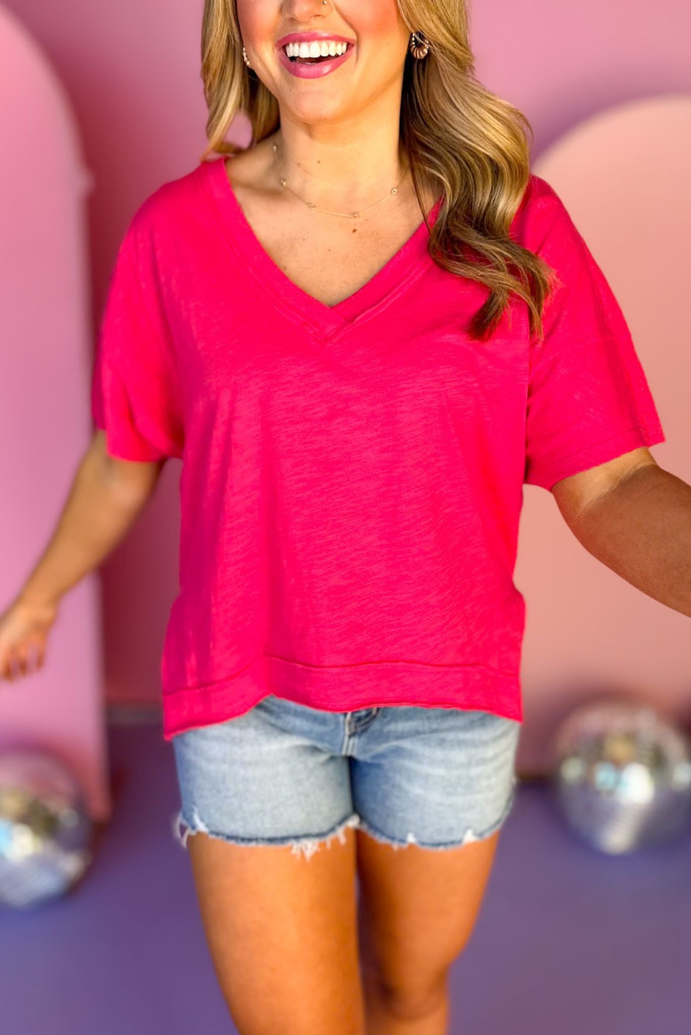 Pink Raw Edge V Neck Oversized T Shirt, top, shirt, bright shirt, pink shirt, must have top, elevated top, elevated style, mom style, summer style, Shop Style Your Senses by Mallory Fitzsimmons, SSYS by Mallory Fitzsimmons