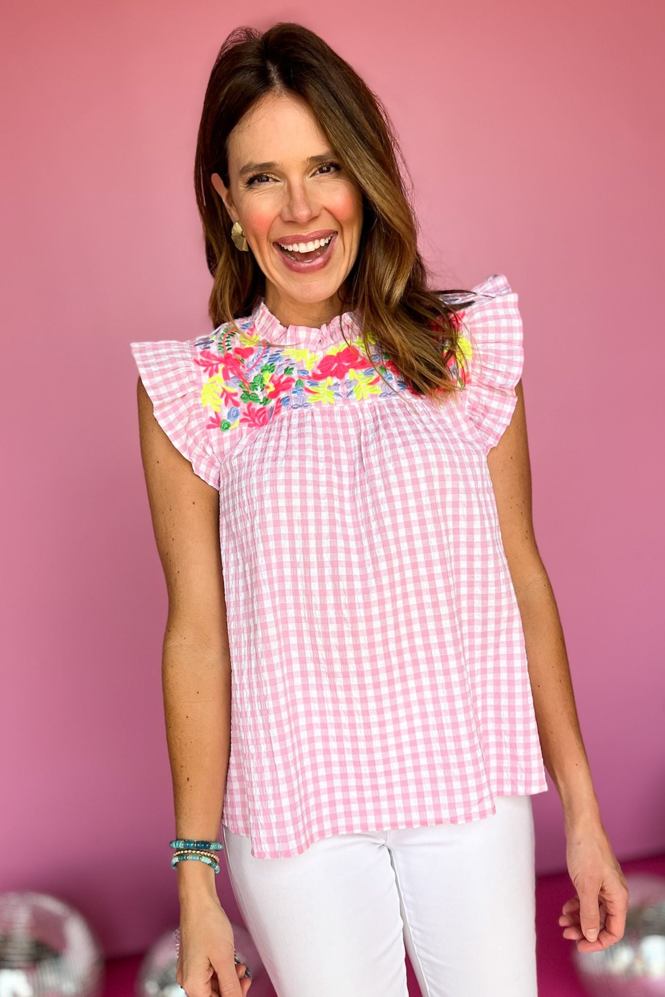 Pink Gingham Embroidered Frilled Neck Ruffle Sleeve Top, top, pink gingham top, gingham top, embroidered top, ruffle sleeve top, must have top, elevated top, elevated style, summer top, summer style, Shop Style Your Senses by Mallory Fitzsimmons, SSYS by Mallory Fitzsimmons