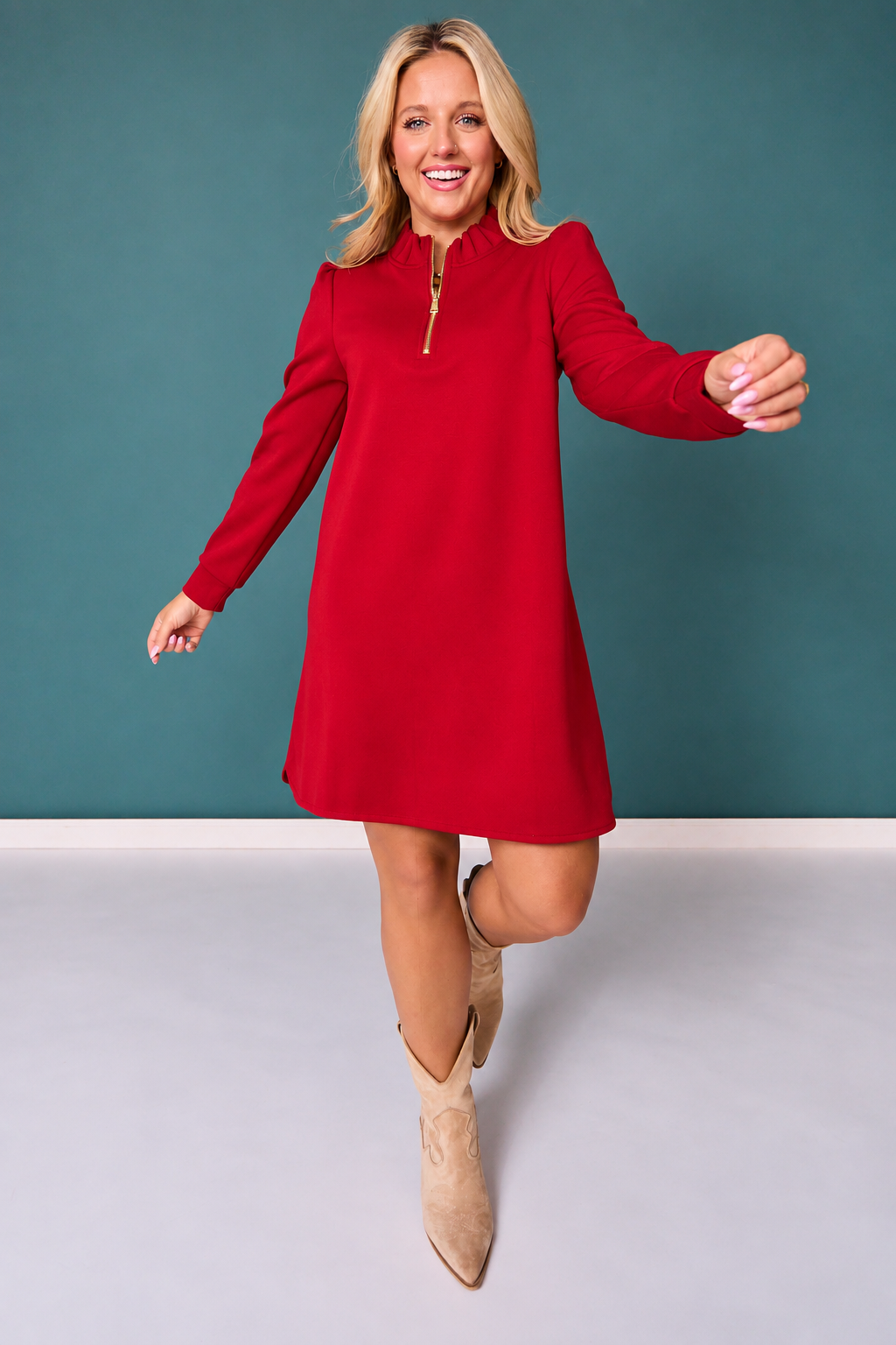 SSYS Zoey Long Sleeve Ruffle Collar Zip Air Dress In Red