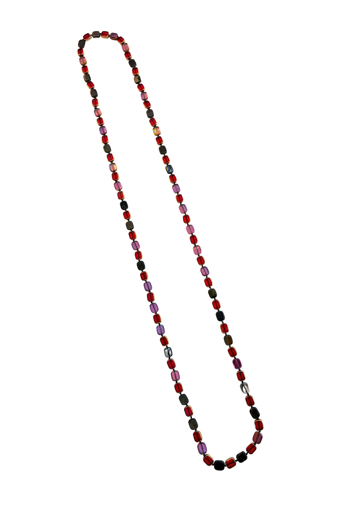 Black and Red Flat Glass Long Beaded Necklace