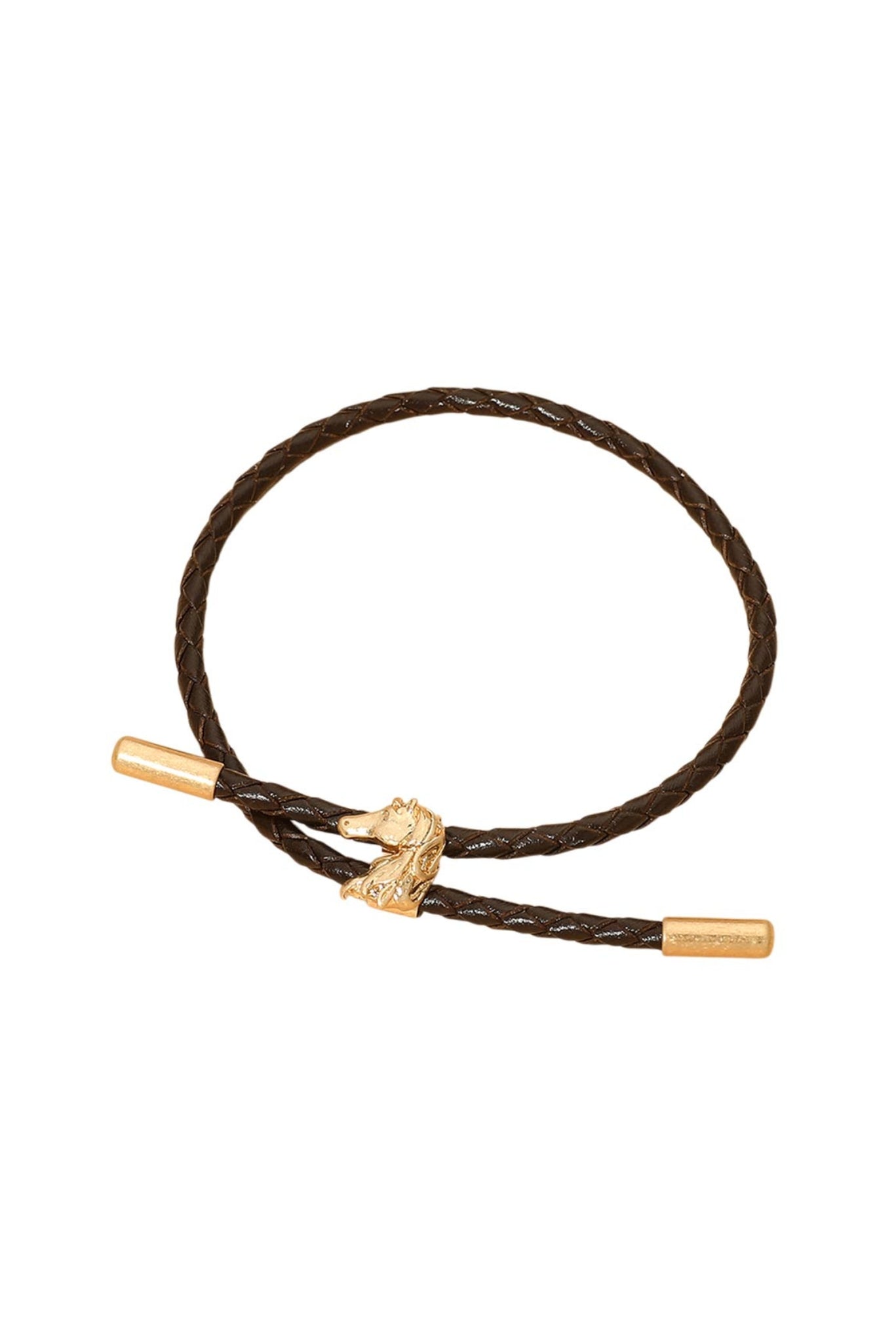 Brown and Gold Horse Charm Braided Faux Leather Cord Adjustable Bracelet