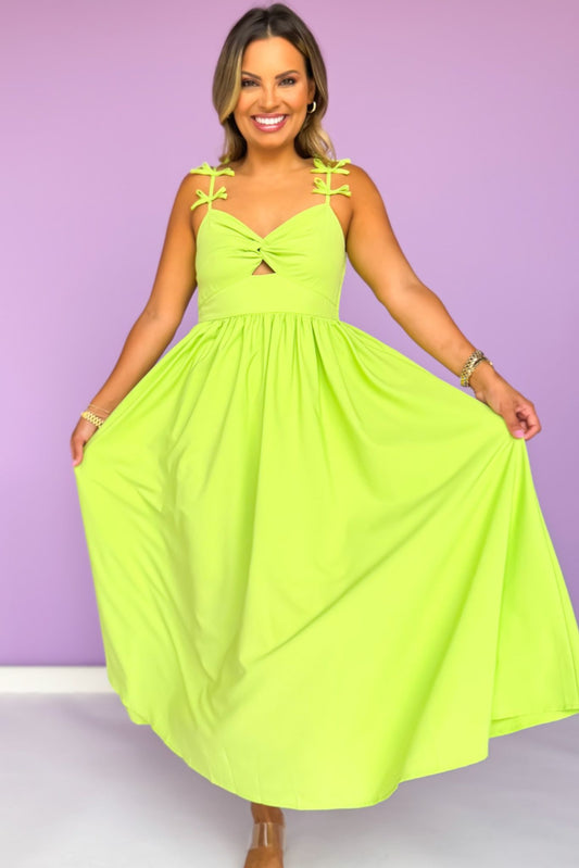 Lime Bow Shoulder Sleeveless Cutout Midi Dress