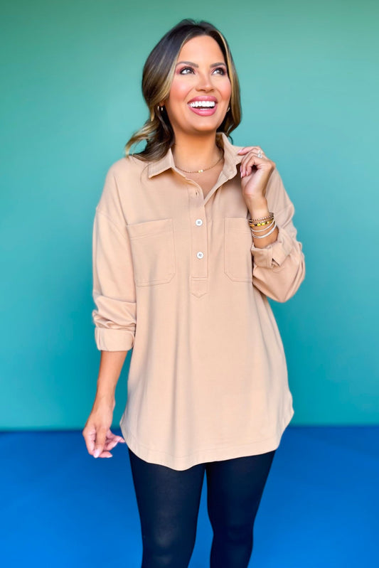 SSYS Emilia Collared Front Pocket Top In Taupe