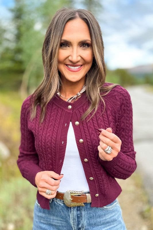 SSYS Lizzy Cable Knit Cardigan In Dark Maroon