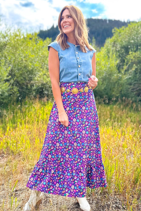 SSYS Daisy One Tier Maxi Skirt In Purple Floral