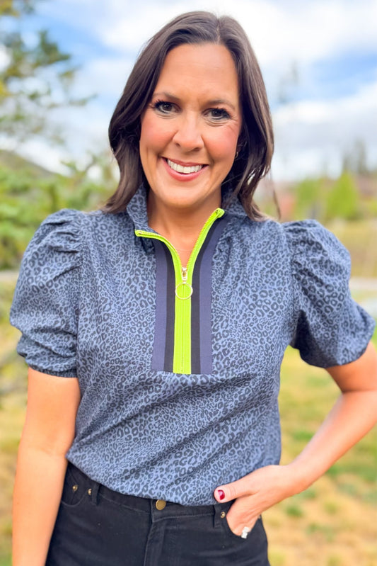 SSYS Emerson Contrast Stripe Short Sleeve Top In Navy Animal