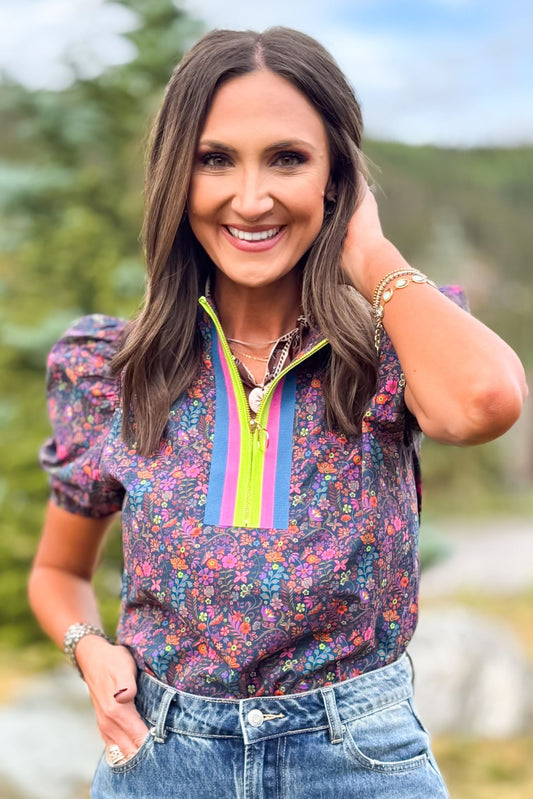 SSYS Emerson Contrast Stripe Short Sleeve Top In Magenta Blooms