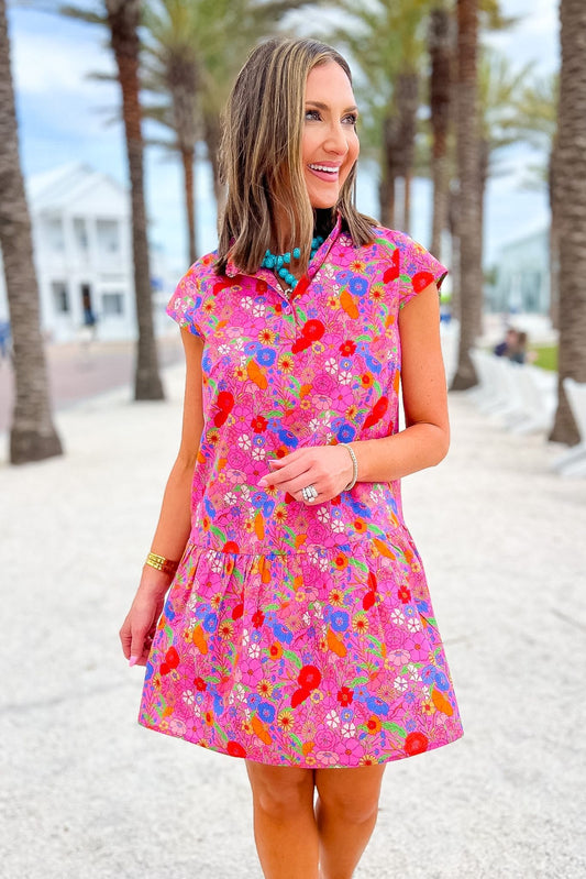 SSYS Alissa Short Sleeve Poplin Printed Ruffle Dress In Magenta Meadow