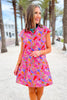 SSYS Alissa Short Sleeve Poplin Printed Ruffle Dress In Magenta Meadow