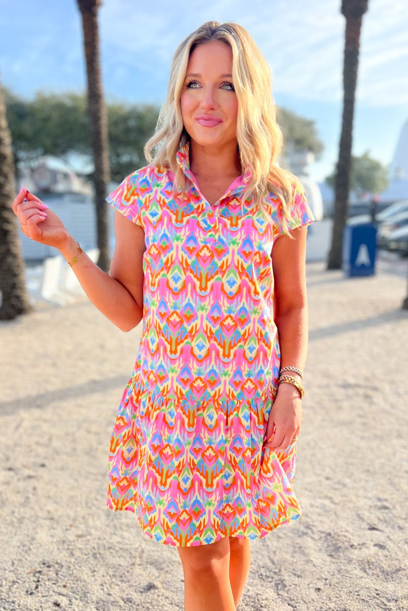 SSYS Alissa Short Sleeve Poplin Printed Ruffle Dress In Bright Bloomscape