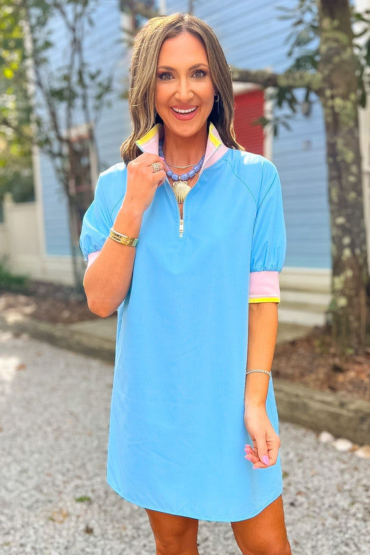 SSYS Lynlee Pink and Soft Yellow Contrast Polo Shift Dress In Blue