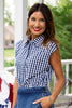 SSYS Juliette Navy Gingham Poplin Cap Sleeve Button Down Top