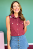 SSYS Edith Sleeveless Denim Embroidered Top In Maroon