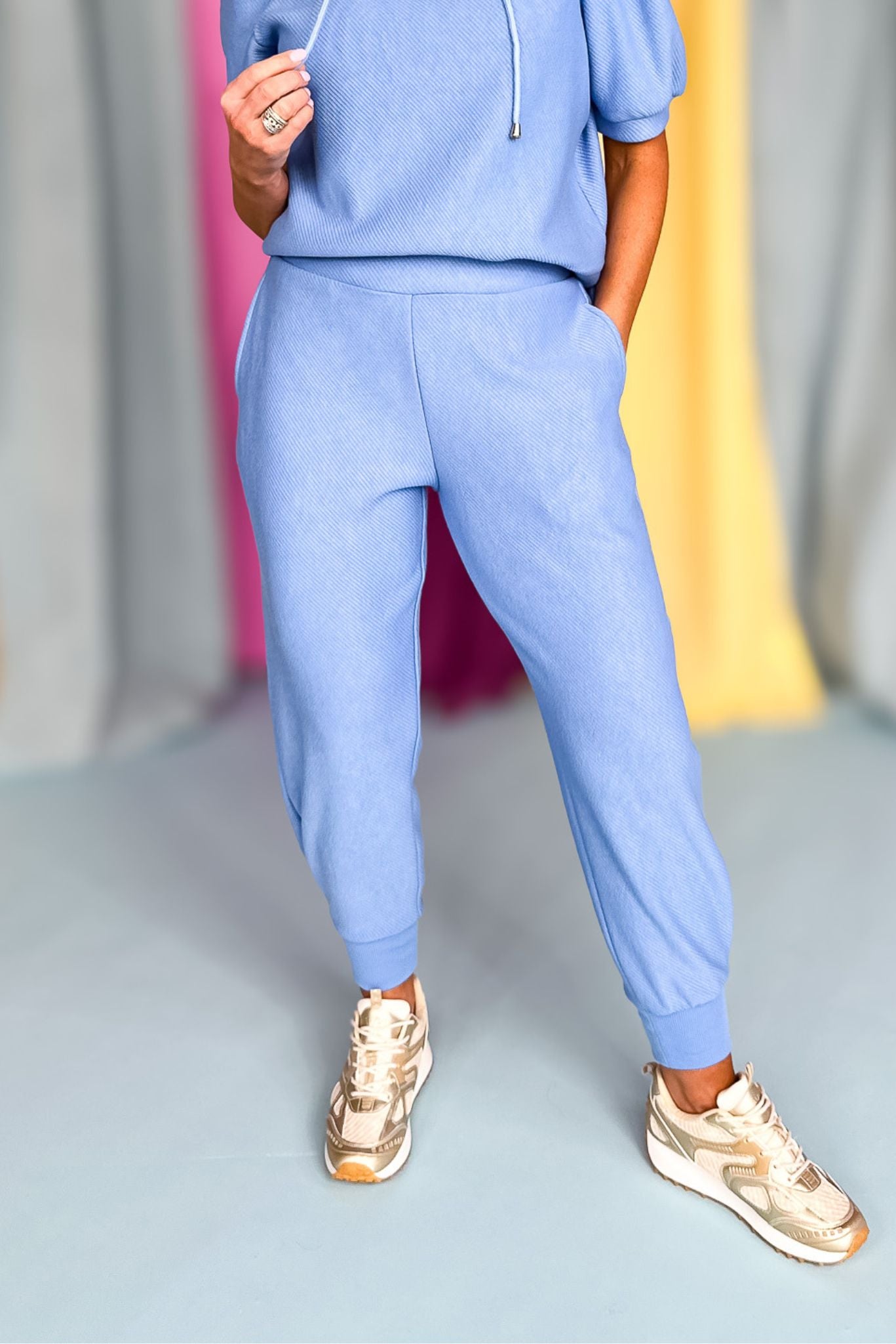 SSYS Sophie Ribbed Quilted Joggers In Blue, stretchy waistband, pockets, lounge wear, comfortable, everyday wear, airport outfit, spring, spring break, exclusive design, ssys by mallory fitzsimmons