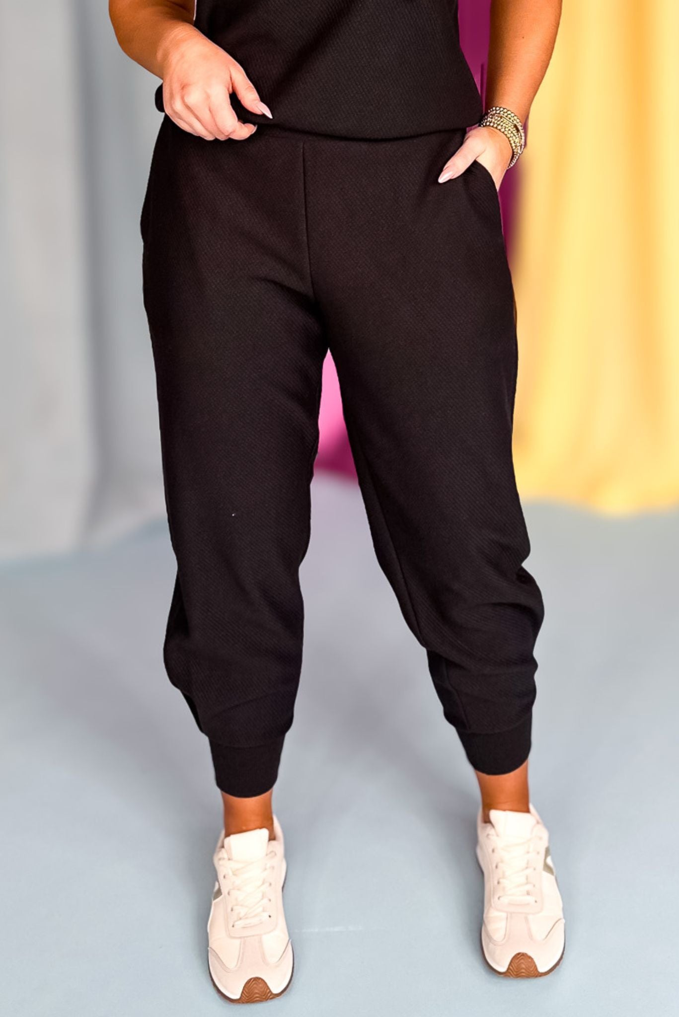 SSYS Sophie Ribbed Quilted Joggers In Black, stretchy waistband, pockets, lounge wear, comfortable, everyday wear, airport outfit, spring, spring break, exclusive design, ssys by mallory fitzsimmons