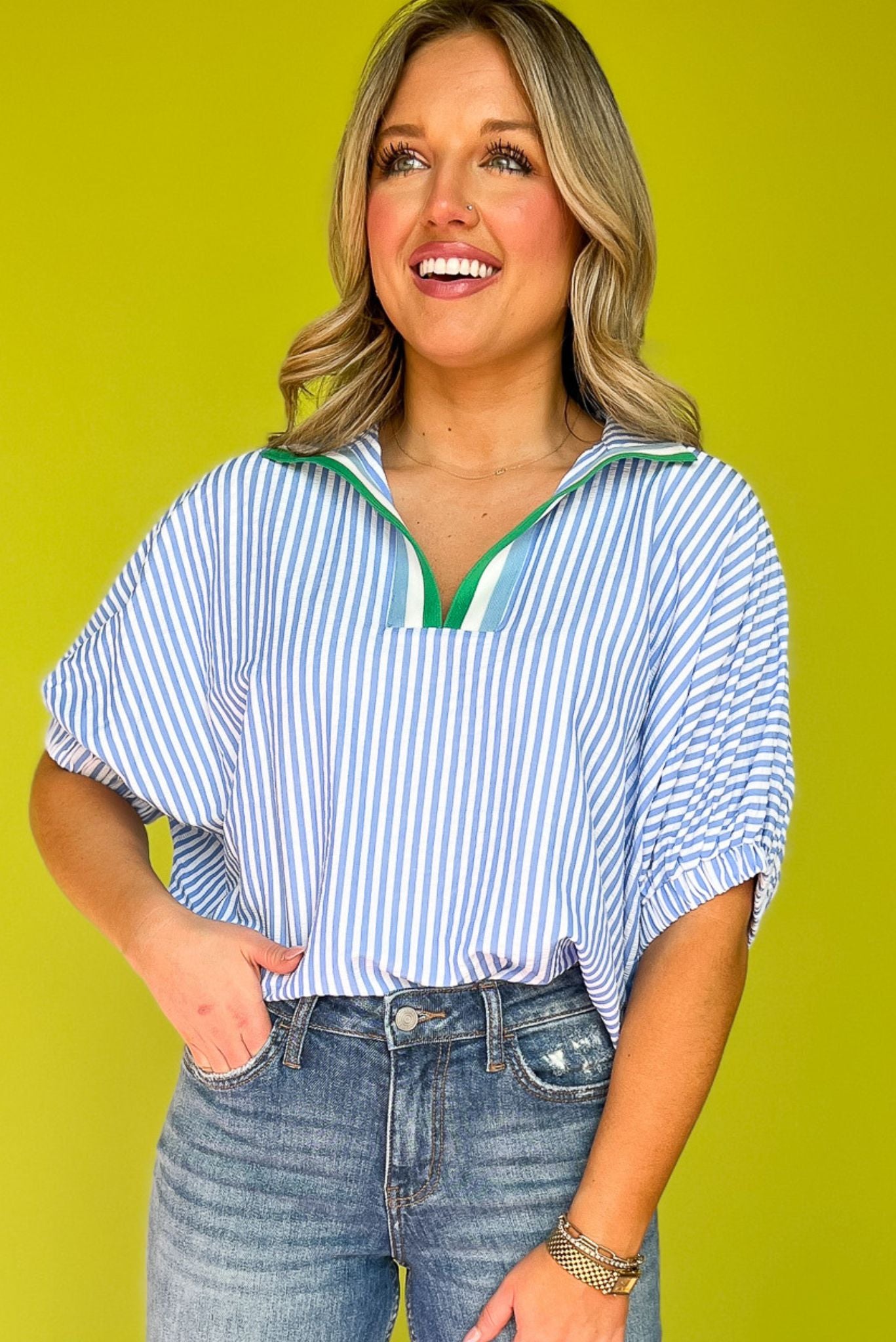 Blue Seersucker Contrast Stripe Collar Neckline Top *FINAL SALE*