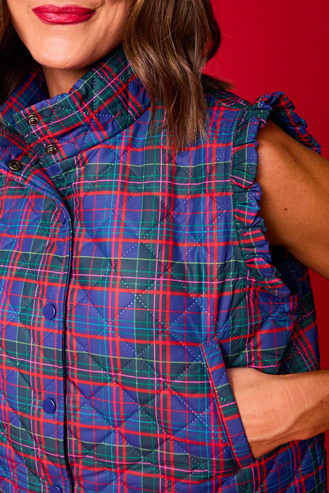 SSYS Amara Cropped Vest With Ruffle Trim In Navy Tartan