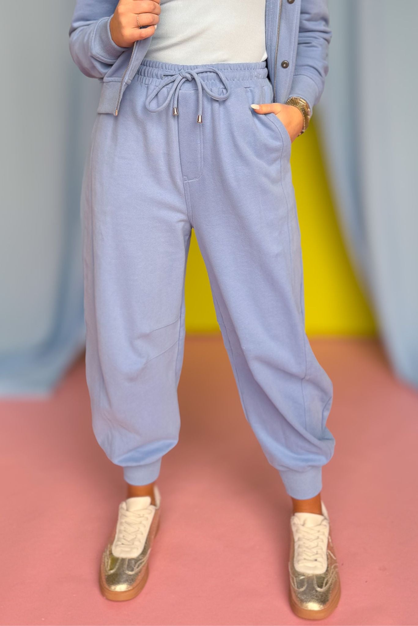 SSYS Abigail Barrel Joggers In Cornflower Blue, athleisure, cozy, trendy pants, exclusive style, ssys by mallory fitzsimmons