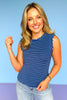 Navy Stripe Ruffle Trim Sleeveless Top