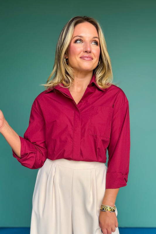 SSYS Juliette Maroon Poplin Long Sleeve Button Down Top