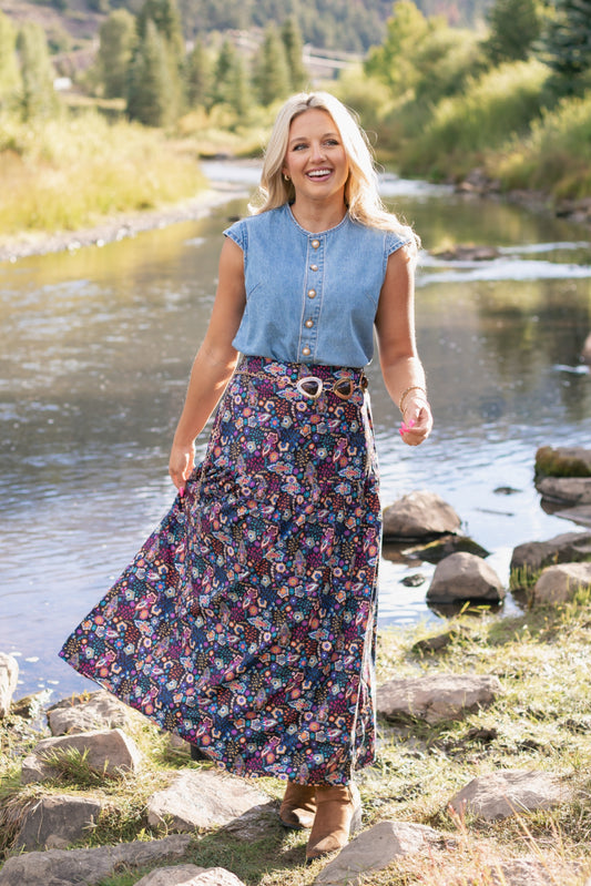SSYS Lilah Drop Waist Maxi Skirt In Twilight Floral
