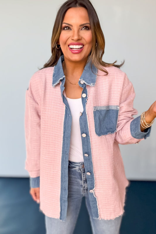 Pink Plaid Denim Contrast Unfinished Hem Shacket