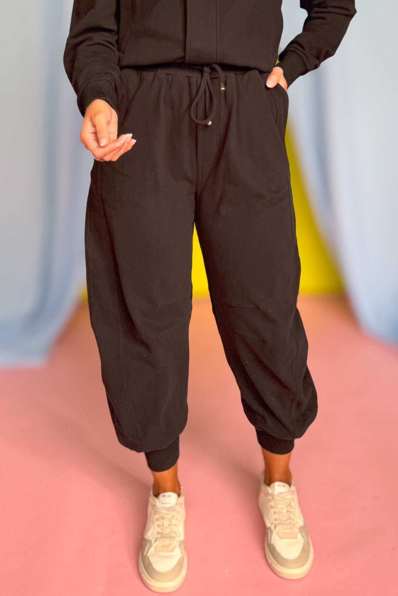 SSYS Abigail Barrel Joggers In Black, athleisure, cozy, lounge wear, exclusive design, solid bottoms, trend forward, ssys by mallory fitzsimmons