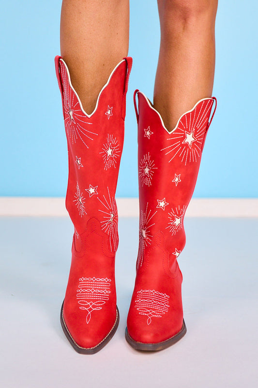 Red Starburst Tall Western Pointed Toe Boots