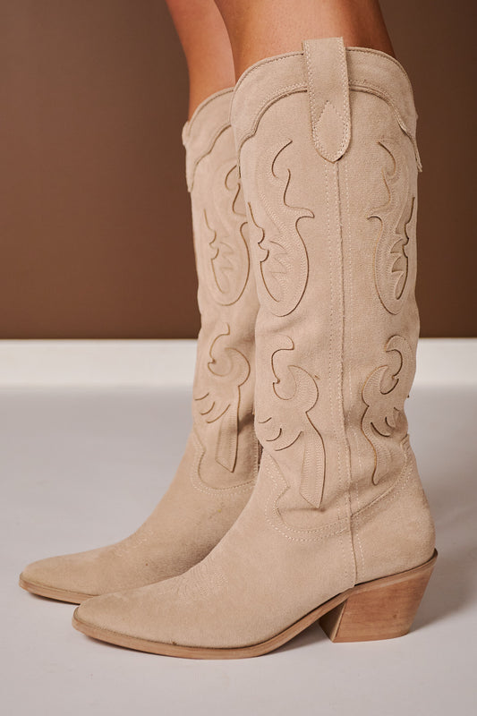 Beige Embroidered Western Boots