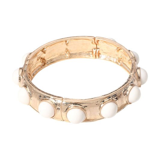 Ivory Bead Embellished Hammered Metal Stretch Bracelet