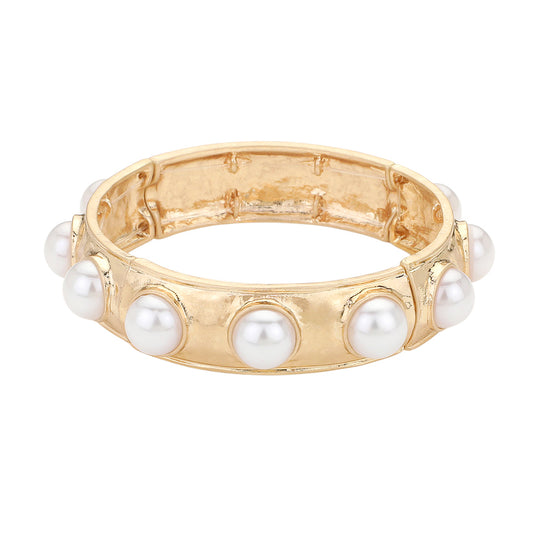 Pearl Bead Embellished Hammered Metal Stretch Bracelet