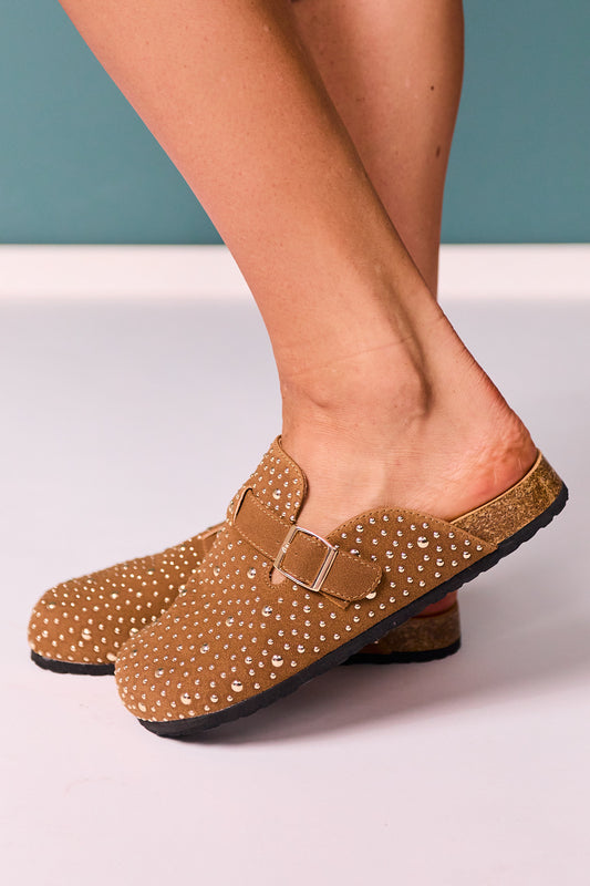 Brown Suede Studded Clogs