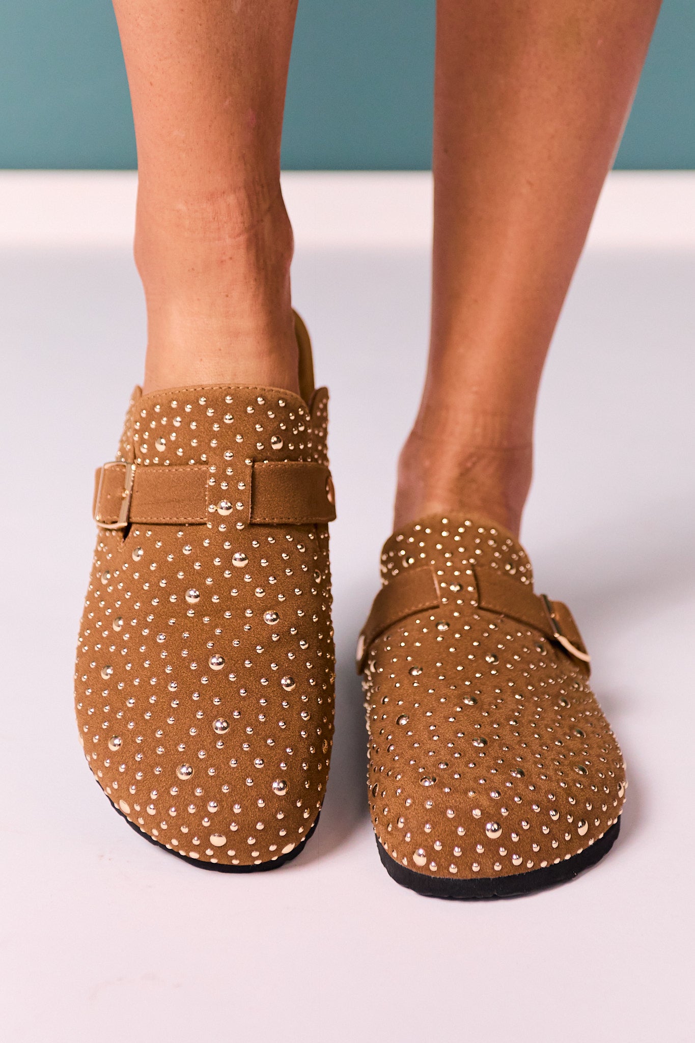 Brown Suede Studded Clogs