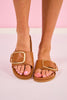 Shu Shop Camel Large Buckle Leather Slides