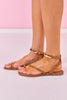 Tan Flat Toe and Ankle Gold Embellished Strap Sandals