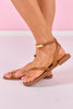Tan Flat Toe and Ankle Gold Embellished Strap Sandals