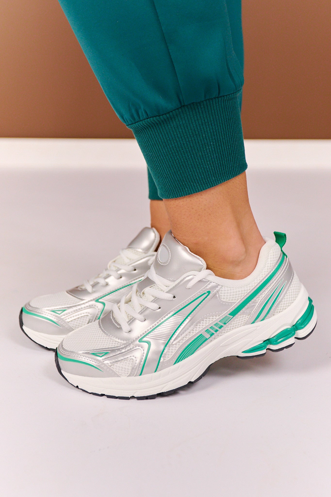 Silver and Green Retro Runner Sneakers