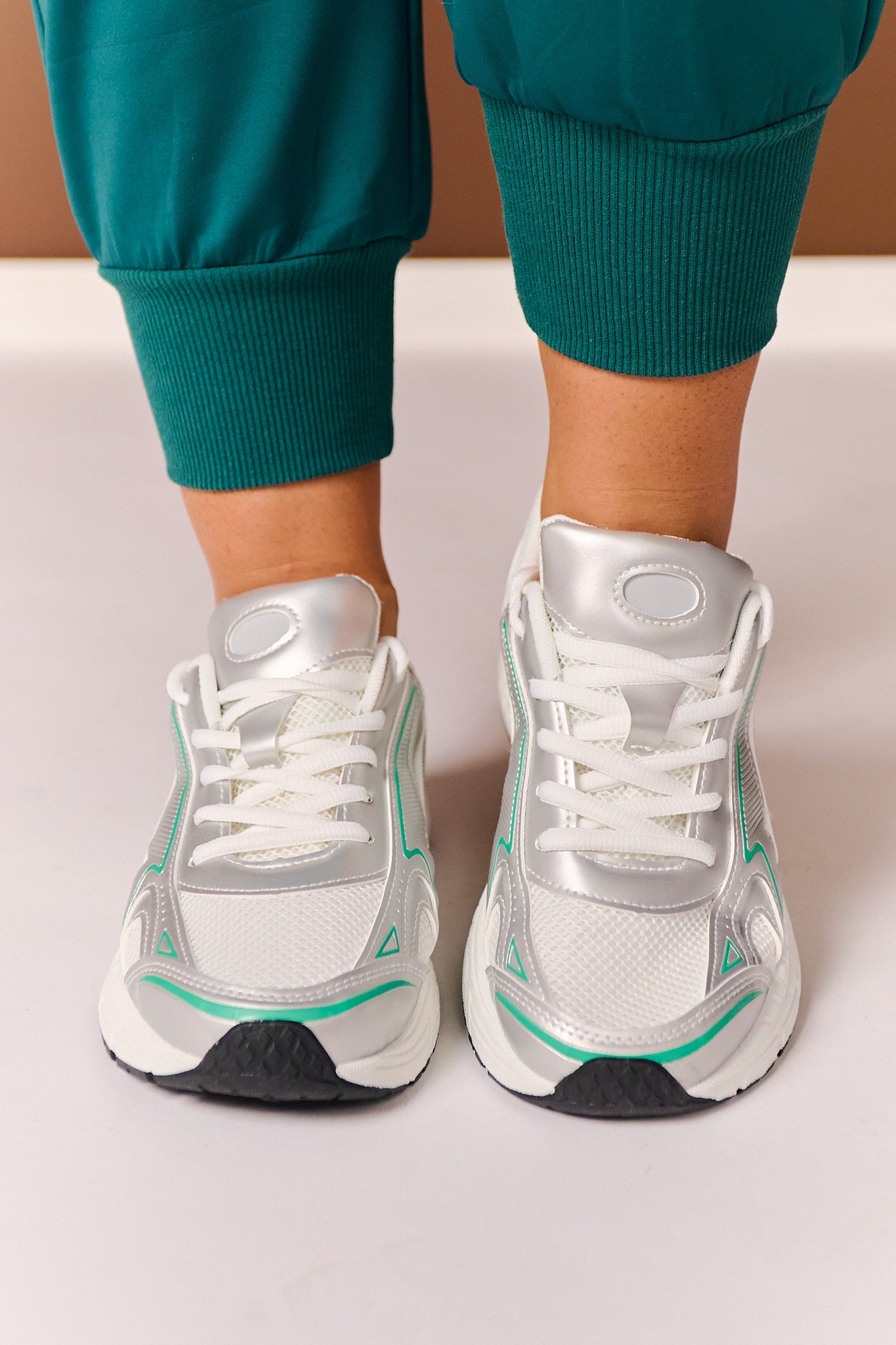 Silver and Green Retro Runner Sneakers