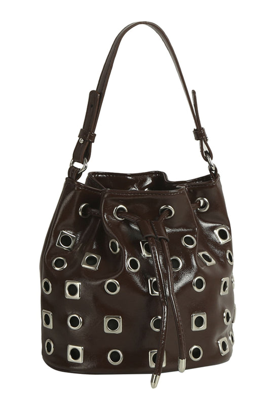 Brown Studded Drawstring Bucket Bag