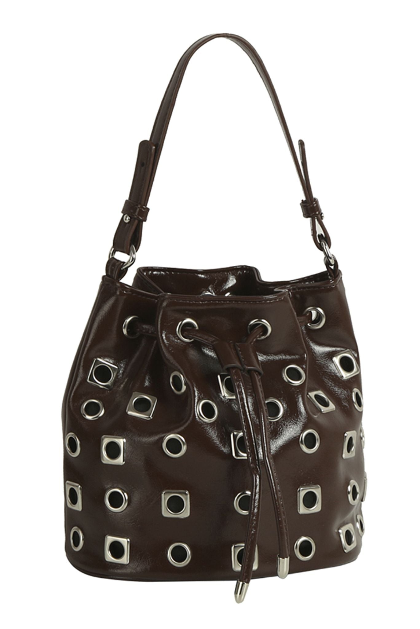 Brown Studded Drawstring Bucket Bag