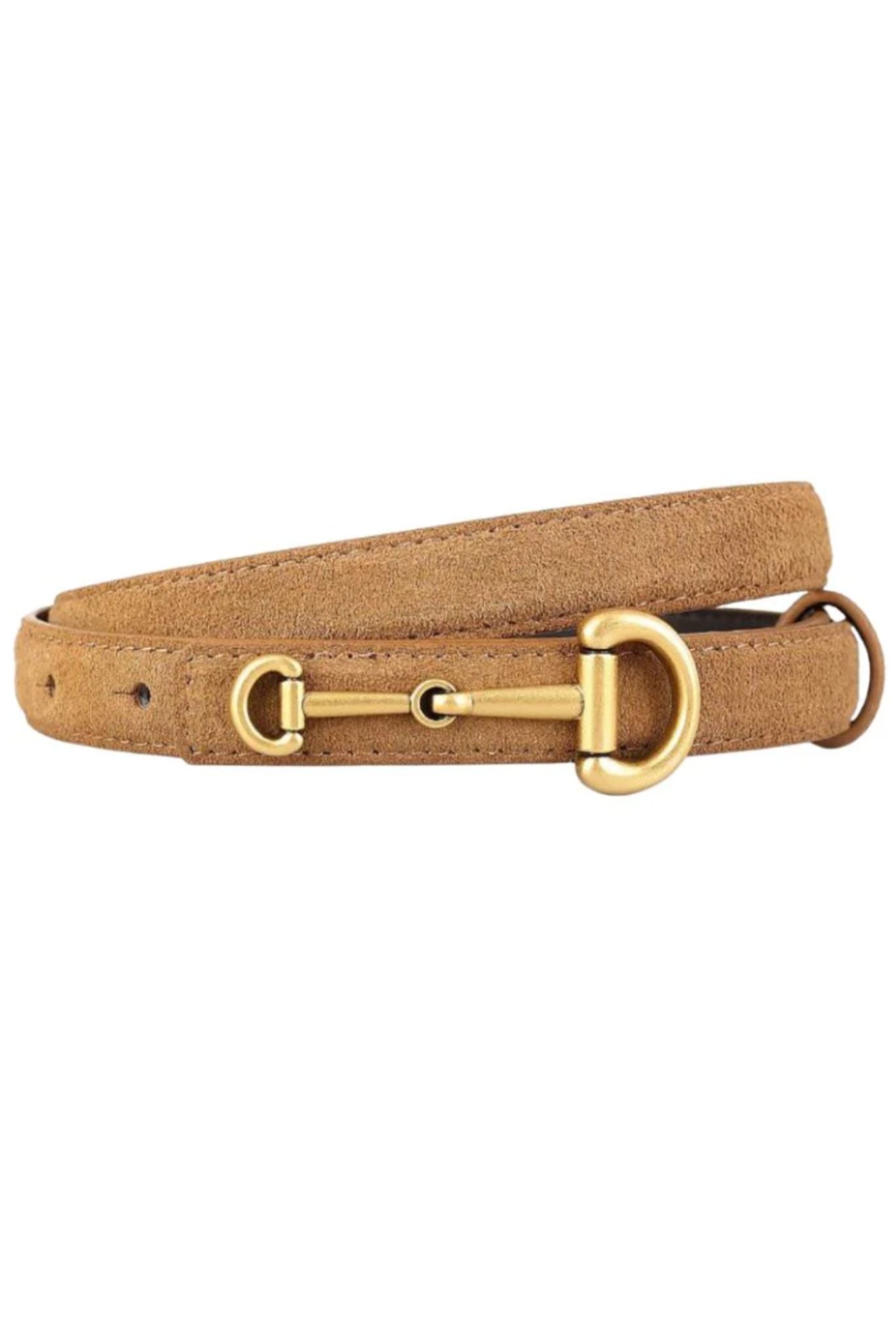 Tan Suede Skinny Horsebit Belt