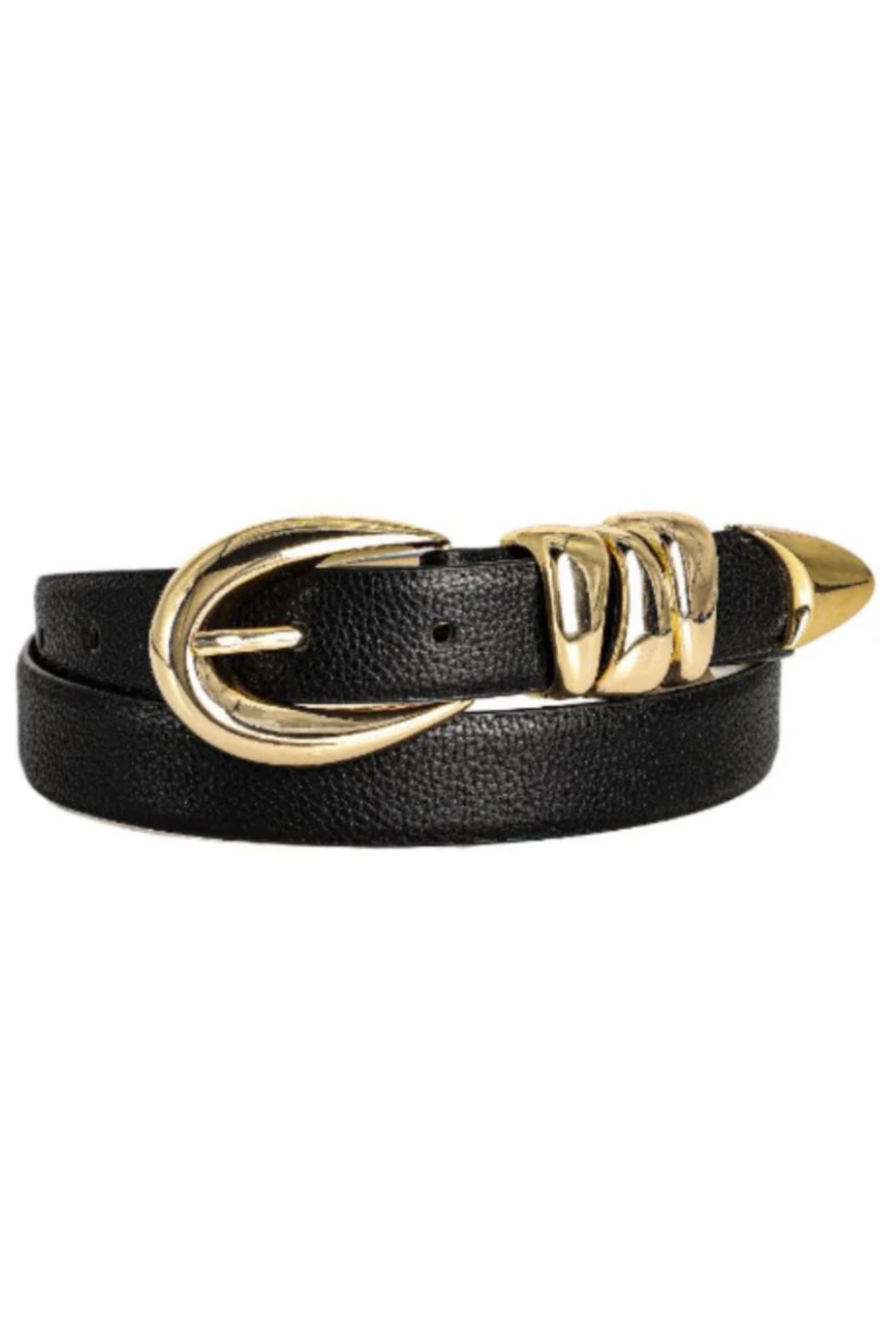 Black Leather Gold Stack Buckle Belt