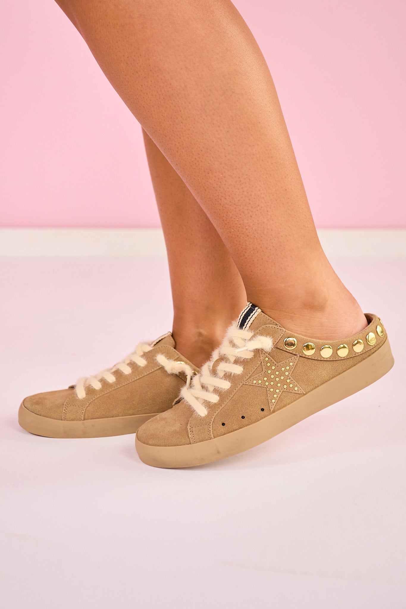 Shu Shop Camel Suede Studded Slip On Mule Sneakers