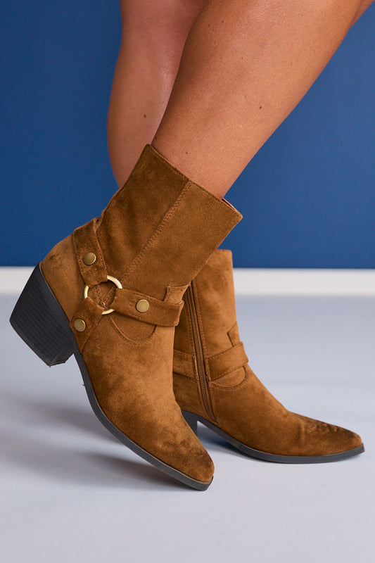 Tan Faux Suede Harness Boots