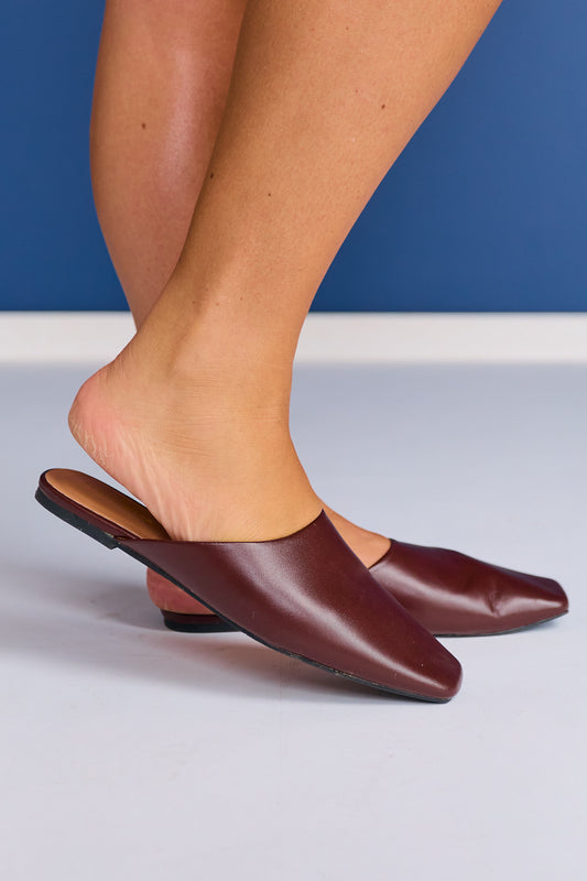 Chocolate Leather Square Toe Mule Flats