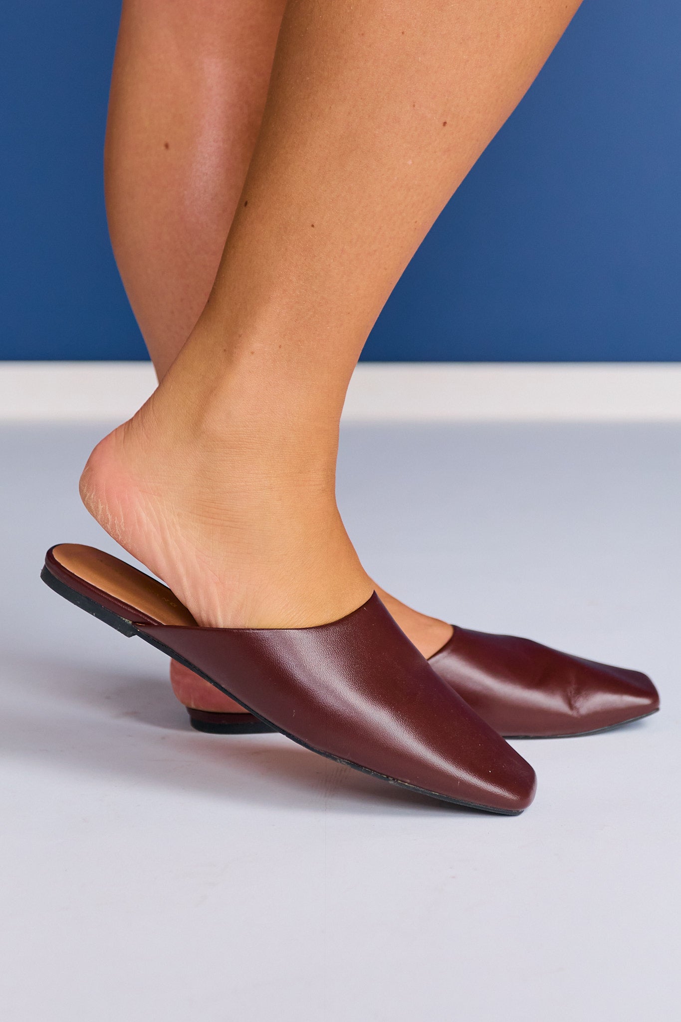 Chocolate Leather Square Toe Mule Flats