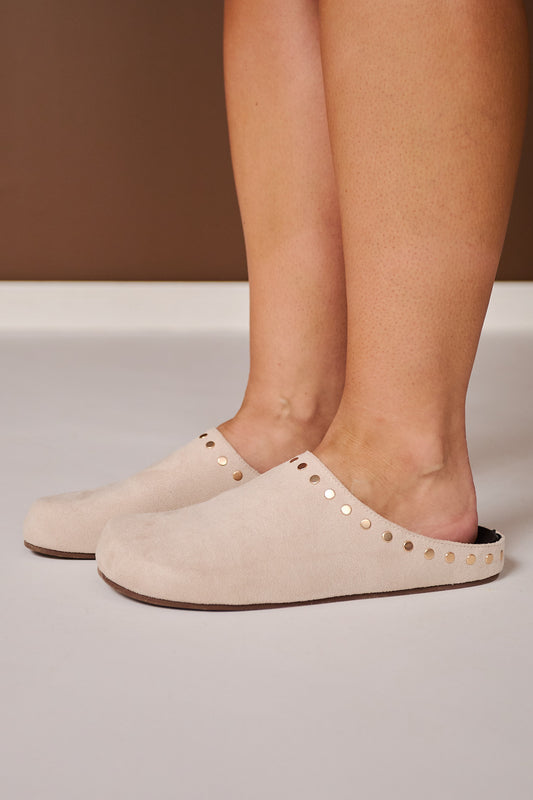 Beige Faux Suede Studded Mule
