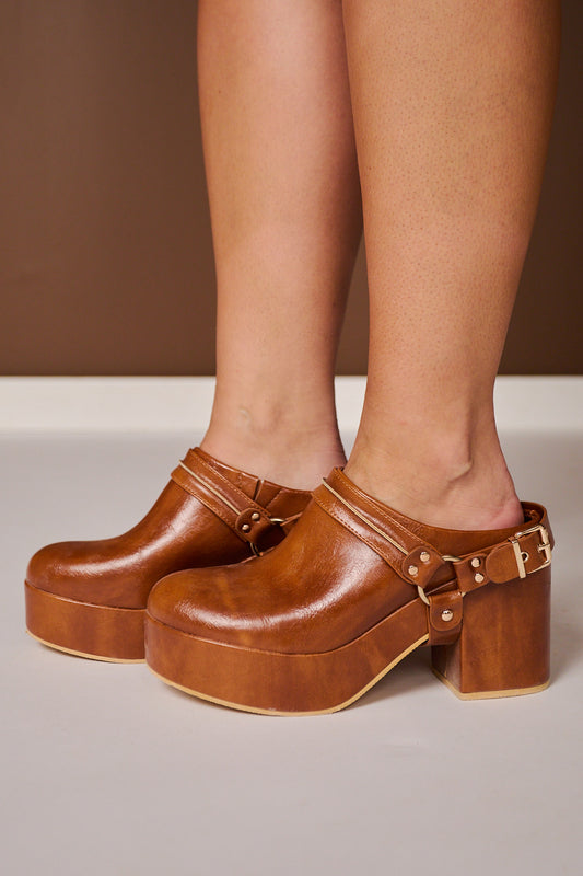 Matisse Cognac Buckle Platform Clog Mules
